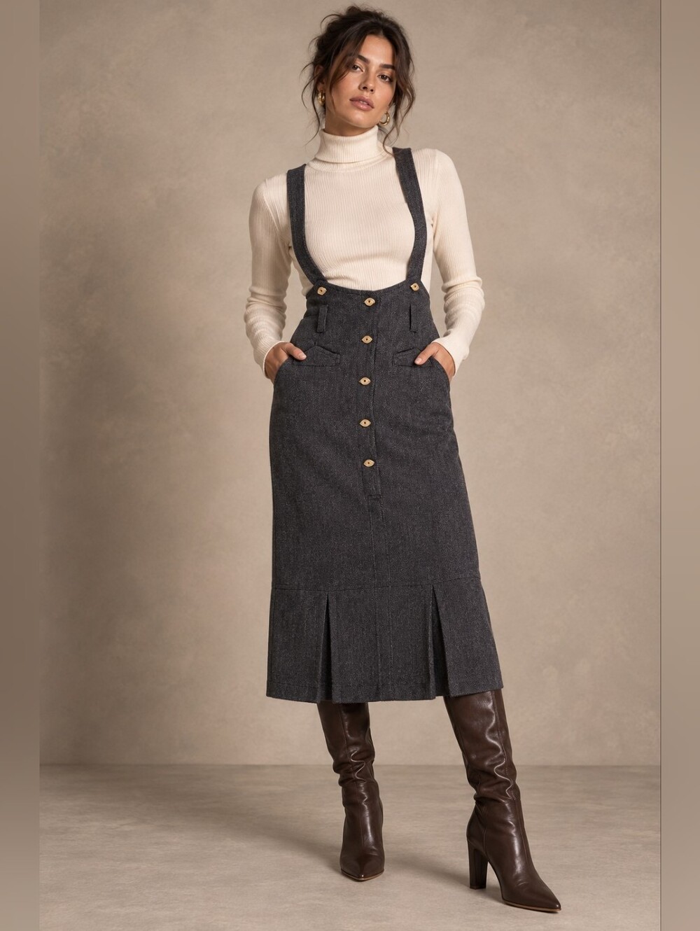 Vintage Charcoal Herringbone Suspender Midi Skirt | Wool Pinafore